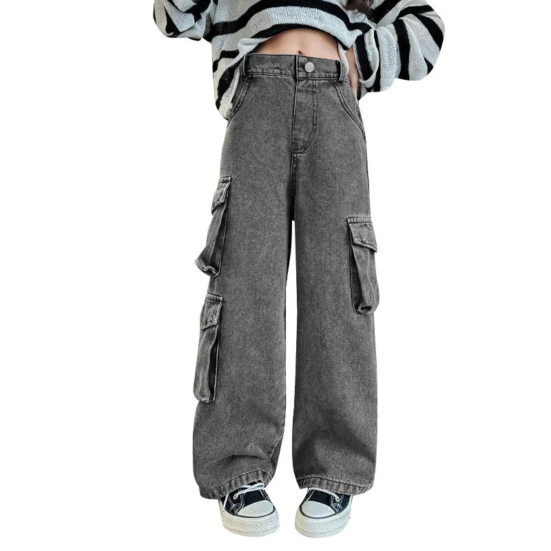 Multi-Pocket Denim Cargo Pants for Girls (6-14Y) – Spring Autumn Trousers