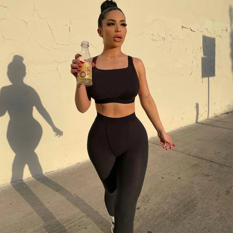 Women’s Casual Workout Set, Ribbed Crop Tank & High Waist Yoga Leggings