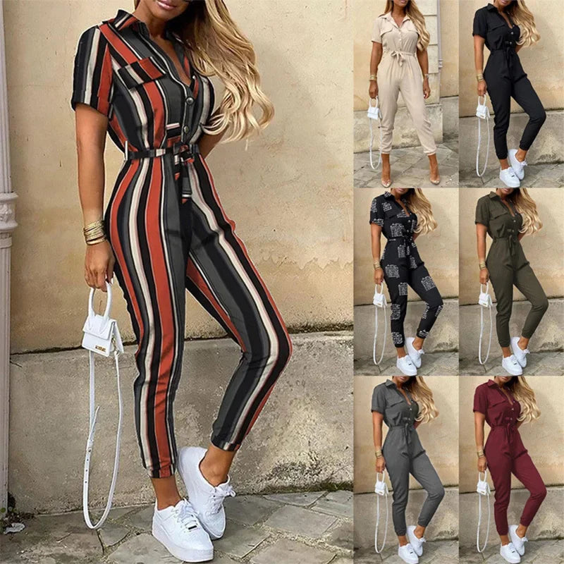 Women’s Monochromatic Belt Jumpsuit, Casual Pants, Flip Collar, Buckle, Summer