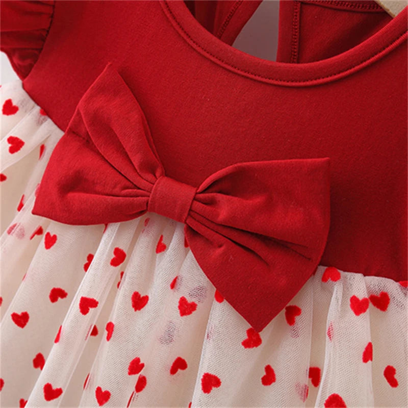 Baby Girl Red Heart Embroidered Mesh Bow Tutu Dress, Birthday Party Clothes