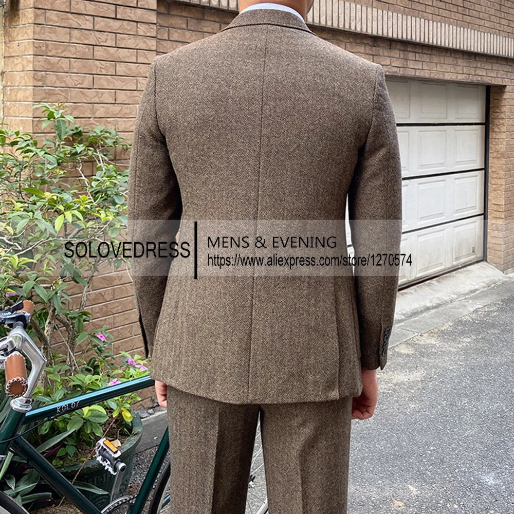 3-Piece Men's Tweed Suit | Slim Fit Herringbone Blazer, Vest & Pants Set