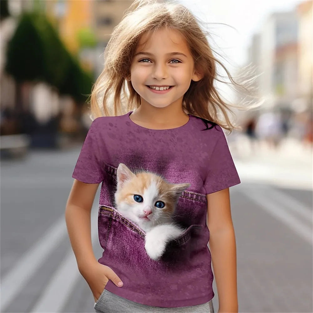 Girl's 3D Cat Print T-Shirt, Short Sleeve Summer Top, Casual Kids Clothing