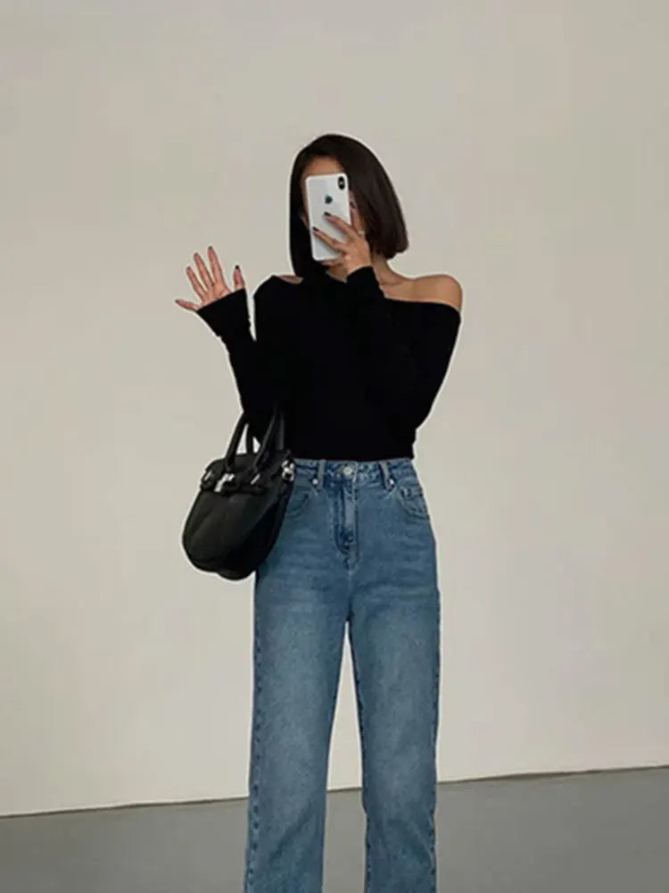 Skew Collar Off-Shoulder T-shirt, Slim Fit Crop Top, Sexy Hollow Out Tee
