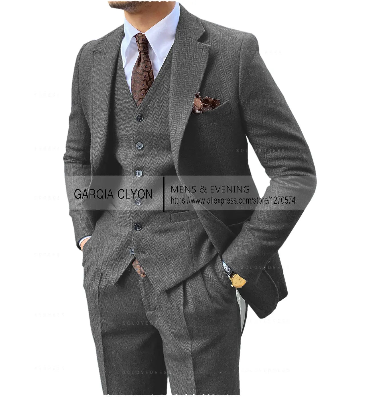 3-Piece Men's Tweed Suit | Slim Fit Herringbone Blazer, Vest & Pants Set