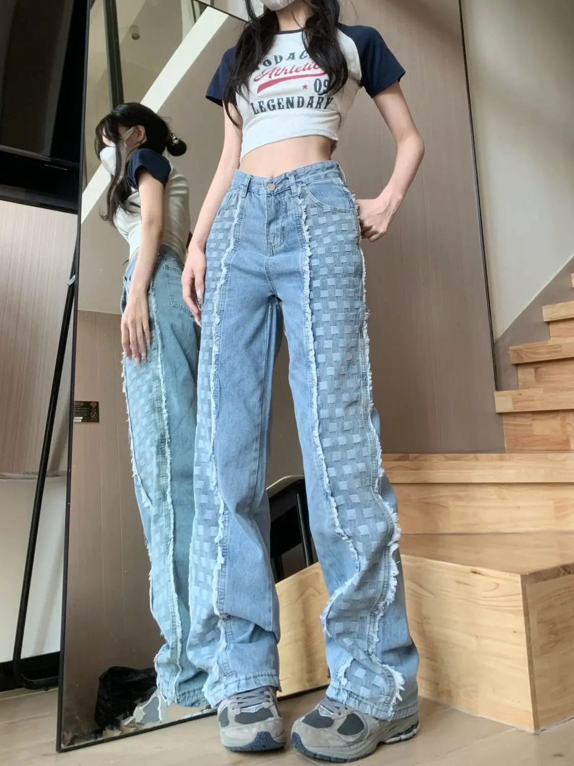 Plaid Splicing Straight Leg Jeans, High-Waisted Loose Pants for Women