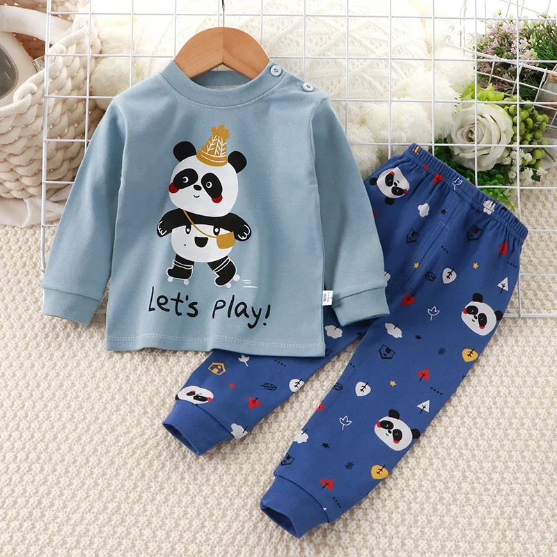 Kids Pajama Set, Cartoon Print Long Sleeve T-Shirt & Pants