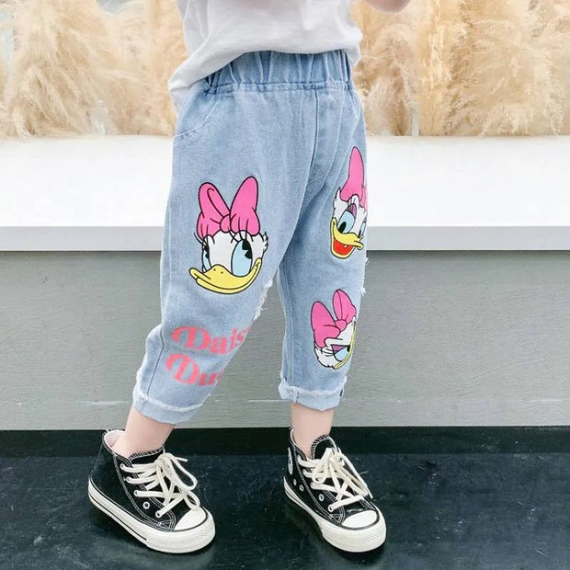 Spring Summer Kids Cartoon Daisy Jeans, Loose Denim Pants for Girls (2-6Y)