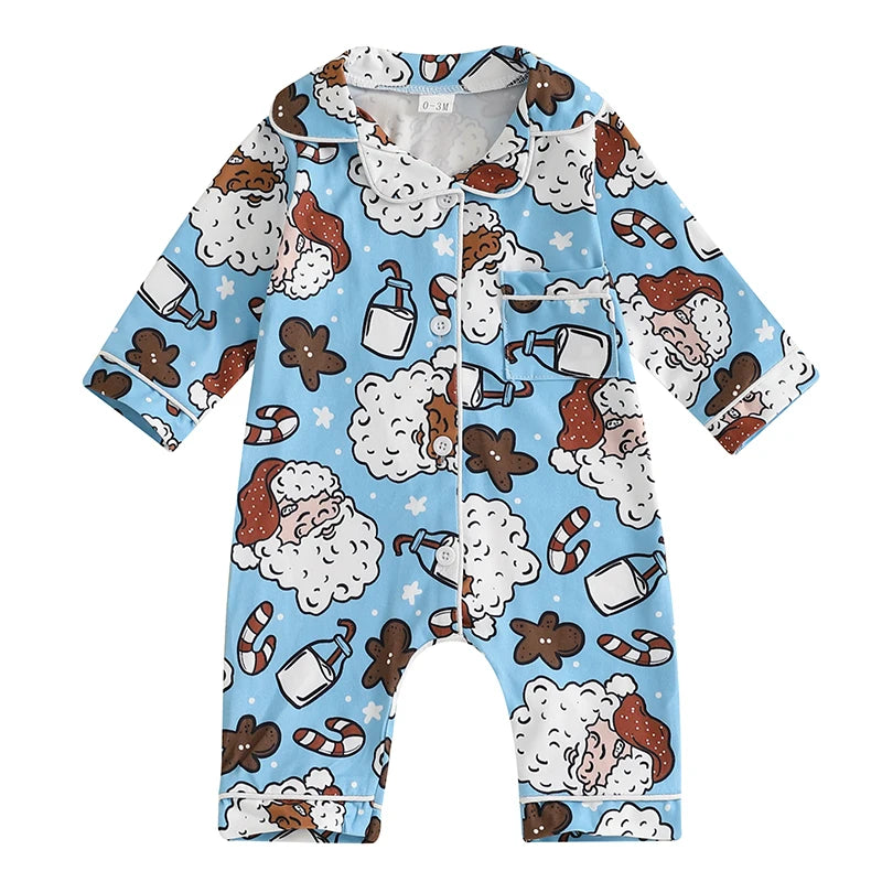 Kids Christmas Jumpsuit, Santa Print Long Sleeve Pajamas