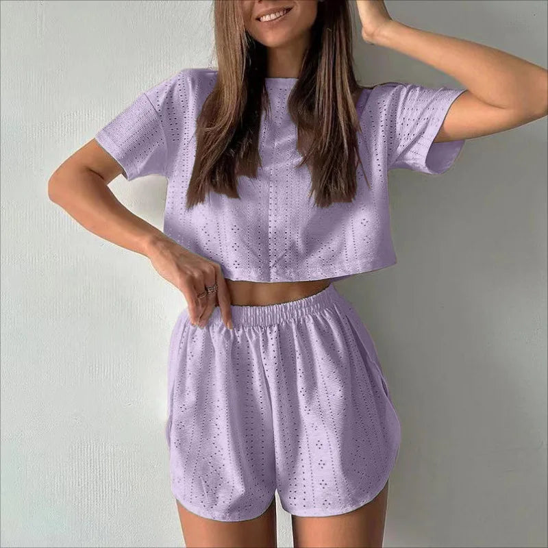 Women’s Spring Pajama Set – Long Sleeve Top & Shorts, Loose Round Neck Sleepwear