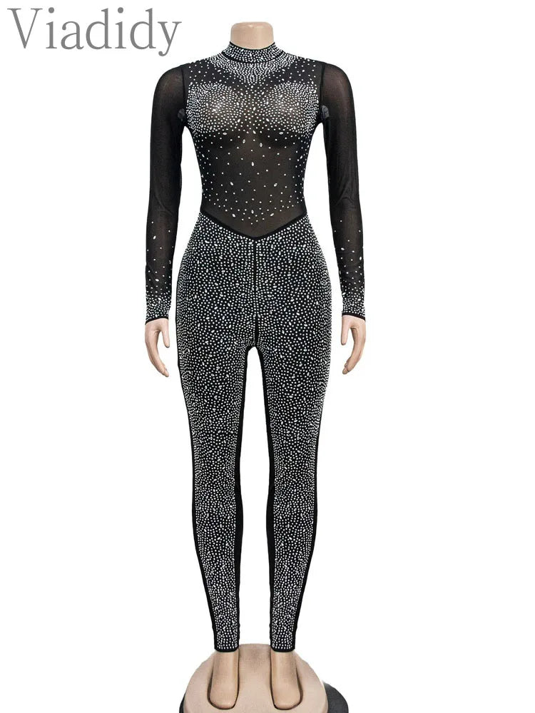 Women’s Sexy Sheer Mesh Patchwork Long Sleeve Rhinestone Decor Skinny Jumpsuit