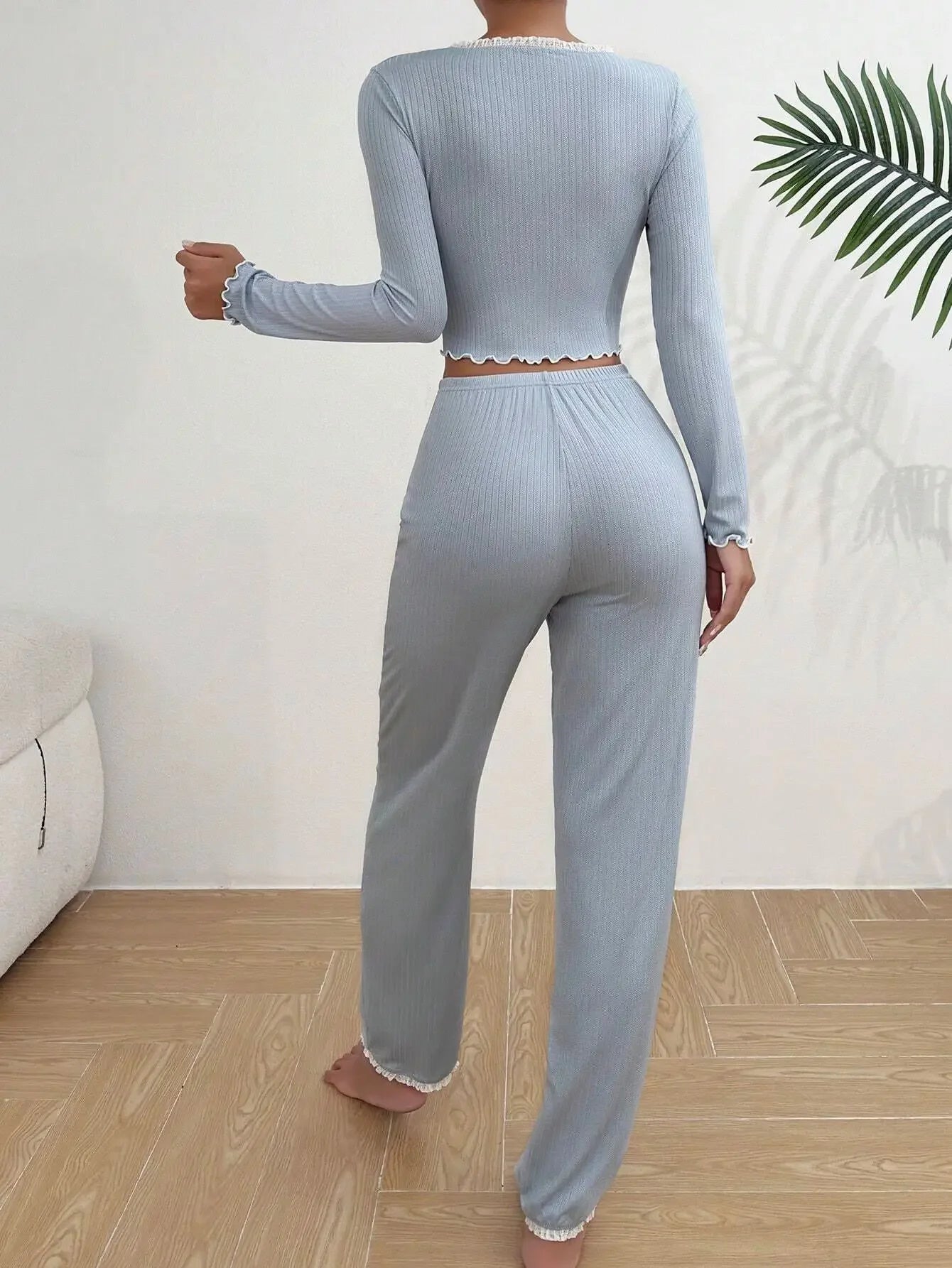 Autumn Winter Women’s Pajama Set, Lace Long Sleeve Shirt & Trousers