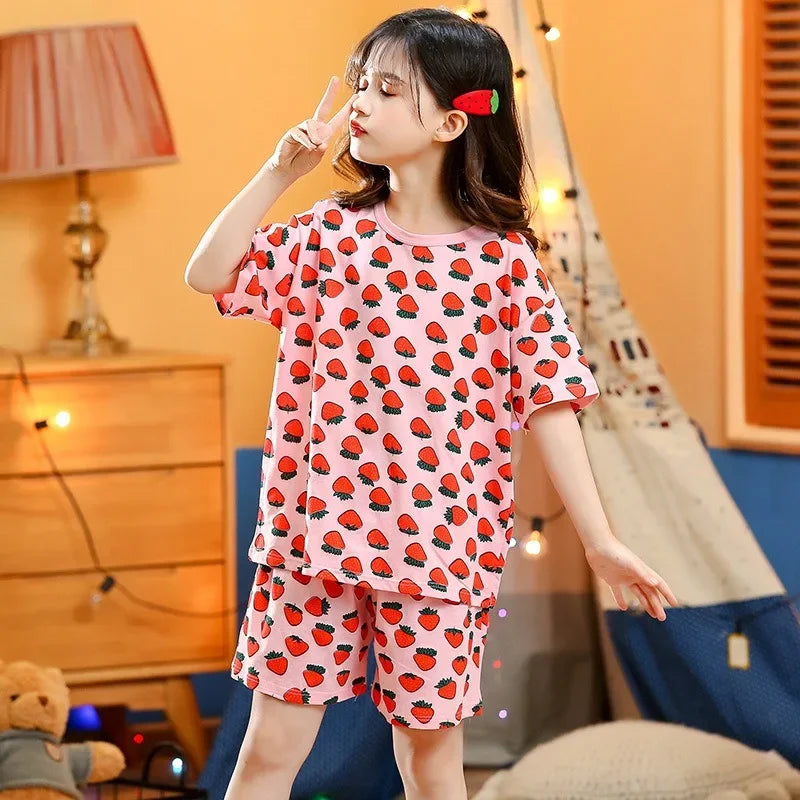 2-10 Years Kids PJs, Cotton Summer Pajama Set for Boys & Girls, Short Sleeves Sleepwear