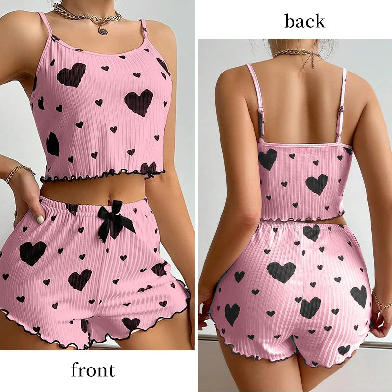 Women’s 2-Piece Pajama Set, Tank Top & Shorts, Soft Casual Sleepwear with Love Print