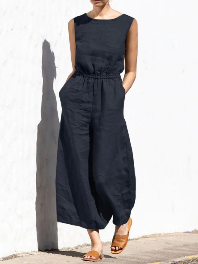 Summer Solid Color High Waist Women’s Casual Jumpsuit, O-Neck, Elegant Holiday Romper