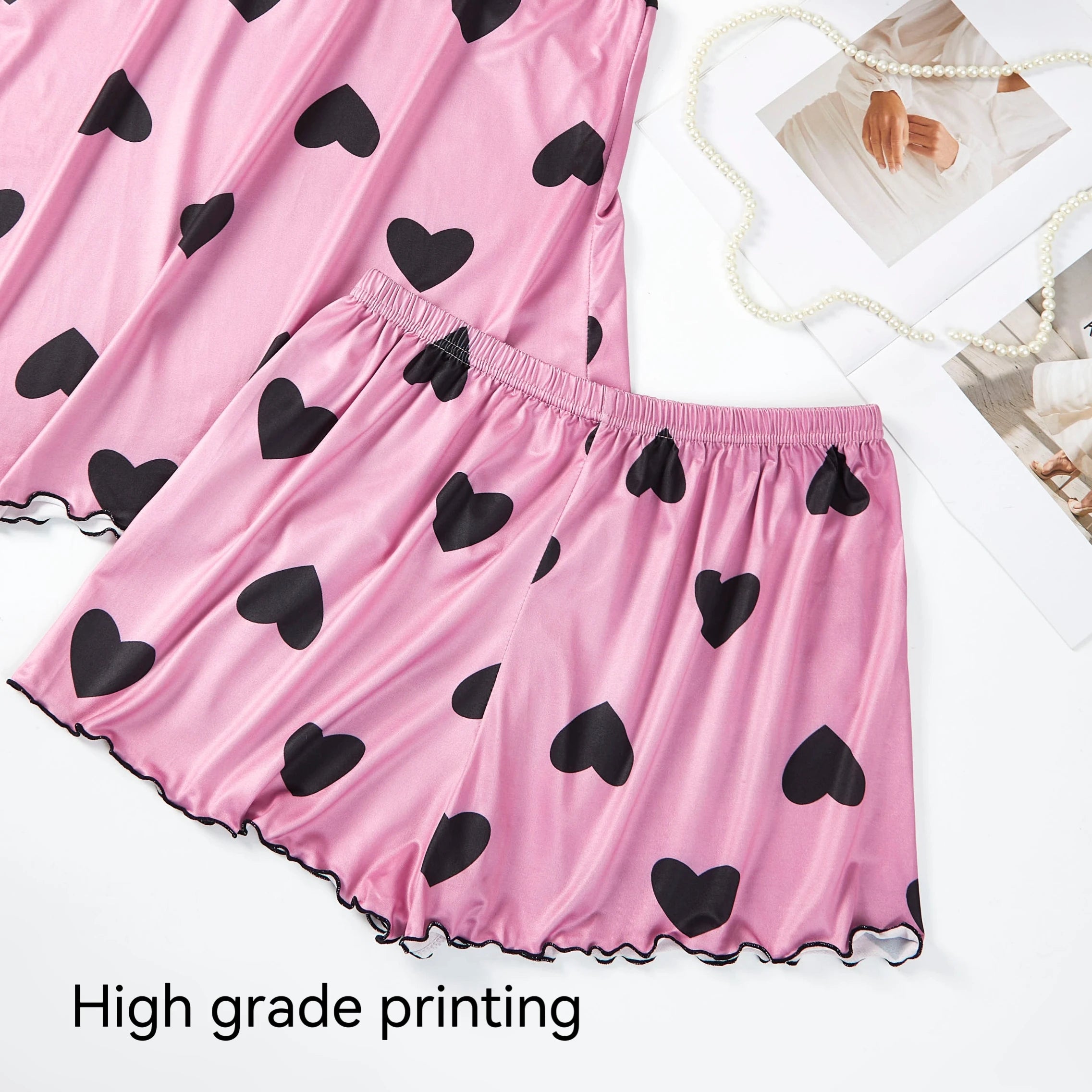Women’s Heart Print Pajama Set, Ice Silk Camisole & Shorts, Summer Sleepwear