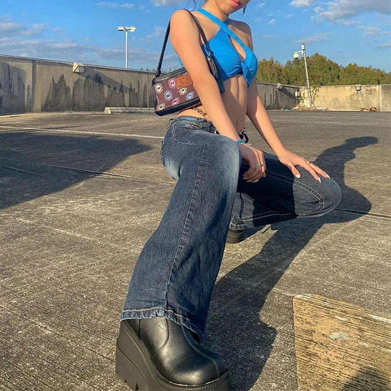 Y2K Flare Low Rise Jeans, Baggy Denim Bell Bottoms for Girls
