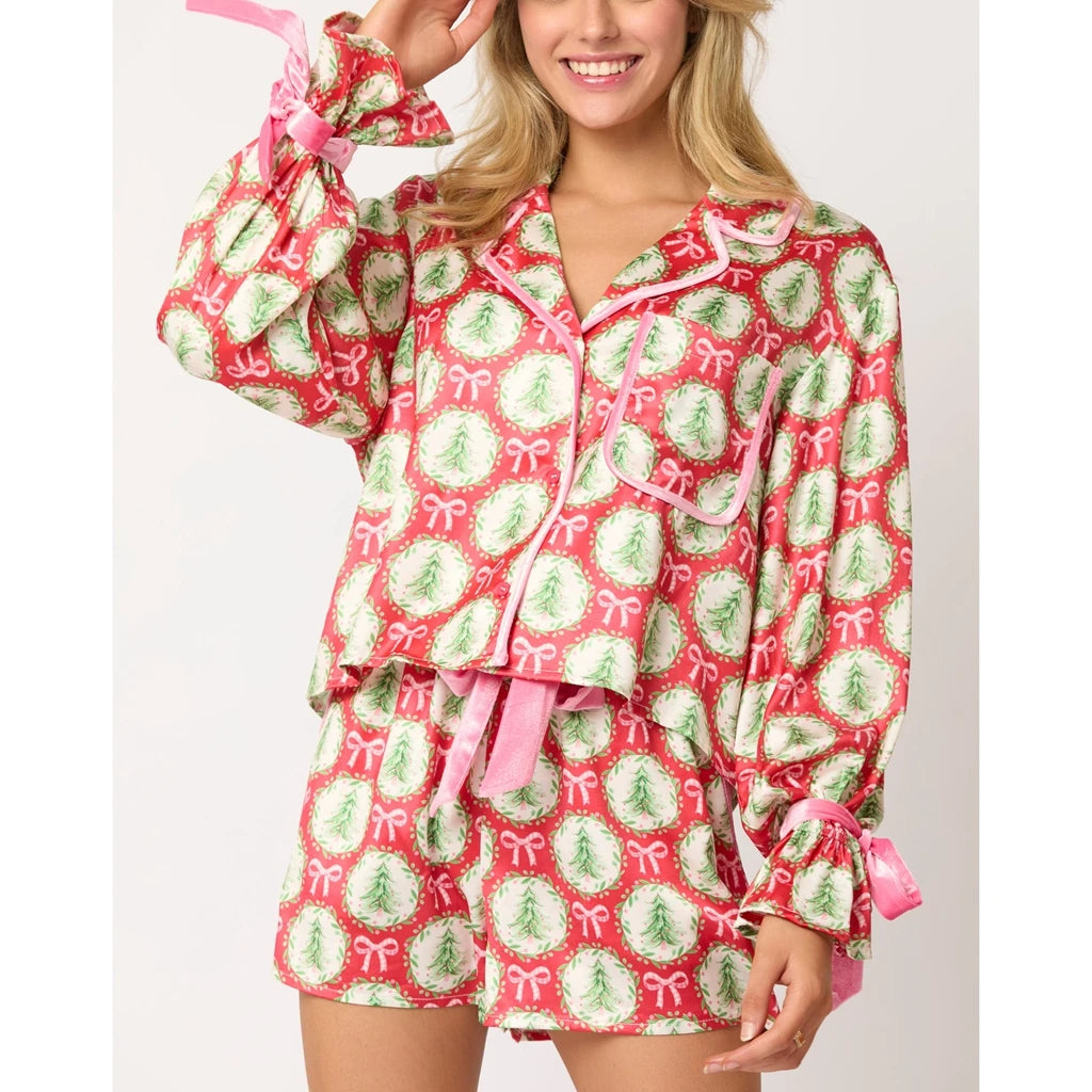Women’s Christmas Pajama Set, Santa/Tree Print Button-Up Top & Shorts