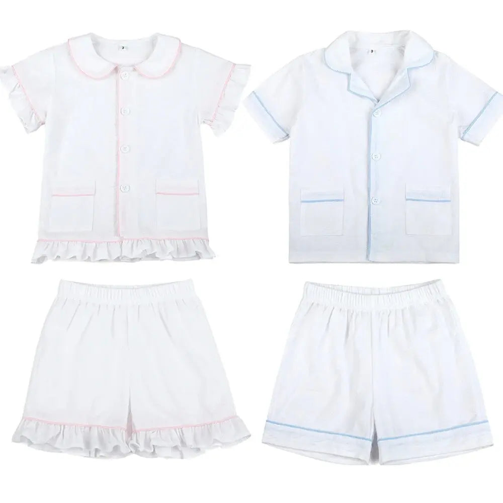 Summer Kids Pajama Set, Cotton Seersucker Matching Sleepwear for Boys & Girls