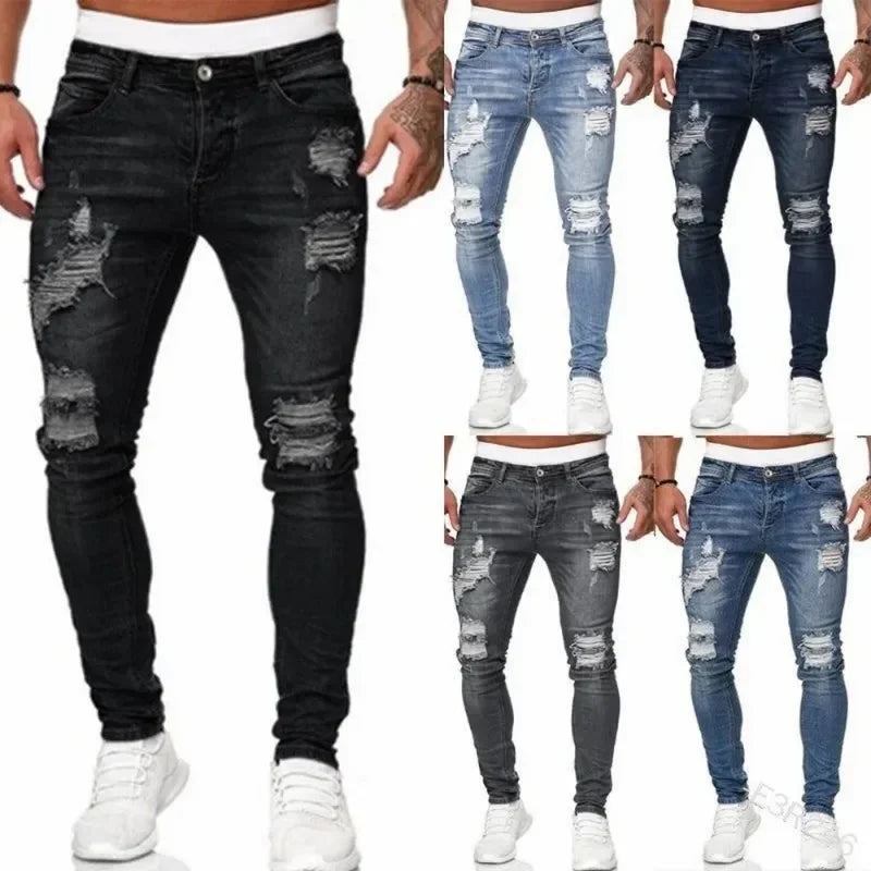 Retro Ripped Skinny Jeans Stretch Slim Fit Motorcycle Streetwear