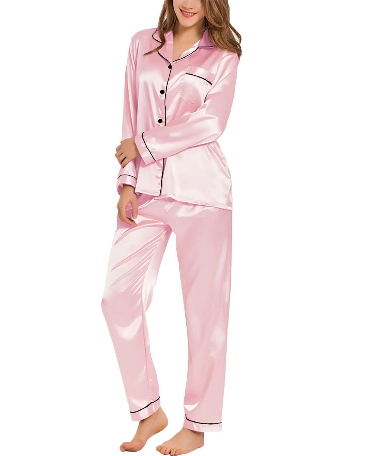 Women’s Silk Satin Pajamas – Button-Down Full Sleeve Sleepwear Set