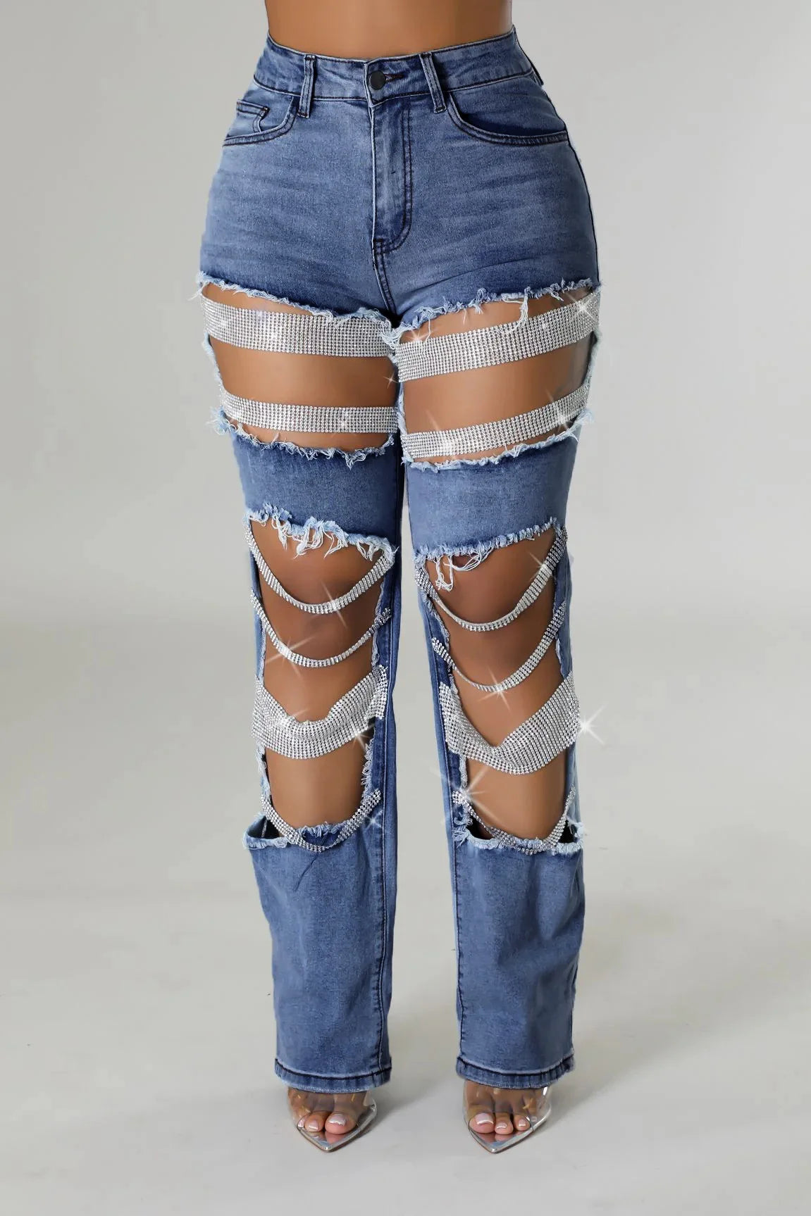 Ripped Denim Pants, Pearl Rhinestones Chain Distressed Skinny Jeans for Women