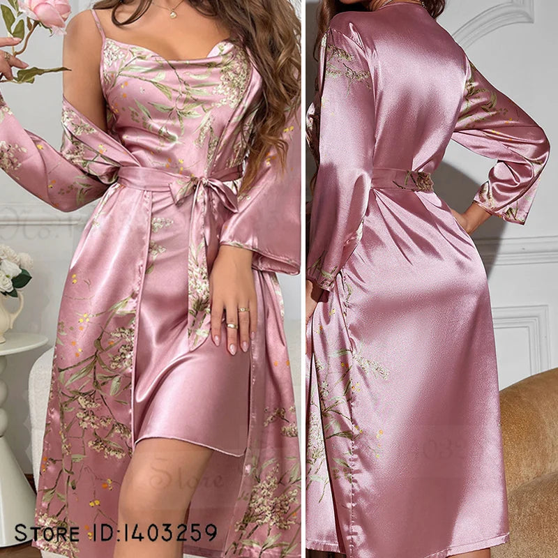 Cherry Print 2PCS Robe Set, Suspender Nightgown & Kimono Bathrobe, Satin Sleepwear