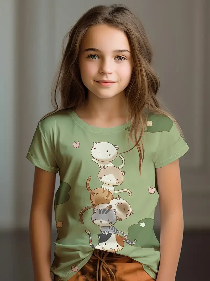 Kids T-Shirt, Cartoon Cat Kawaii Short Sleeve Top, Girls Summer Clothes