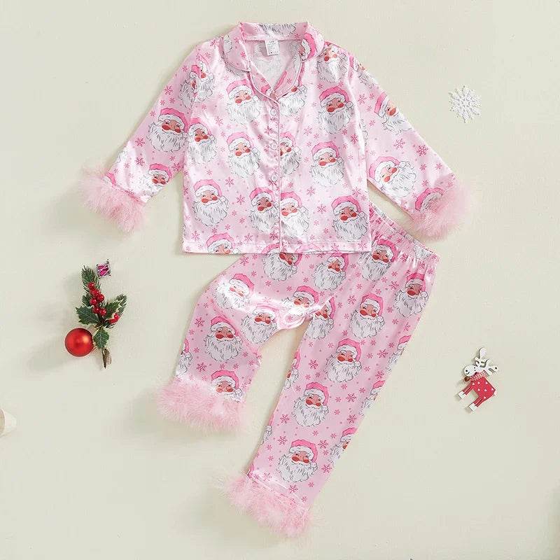 Kids Christmas Pajama Set, Feather Trim Long Sleeve Shirt & Pants (1-9Y)