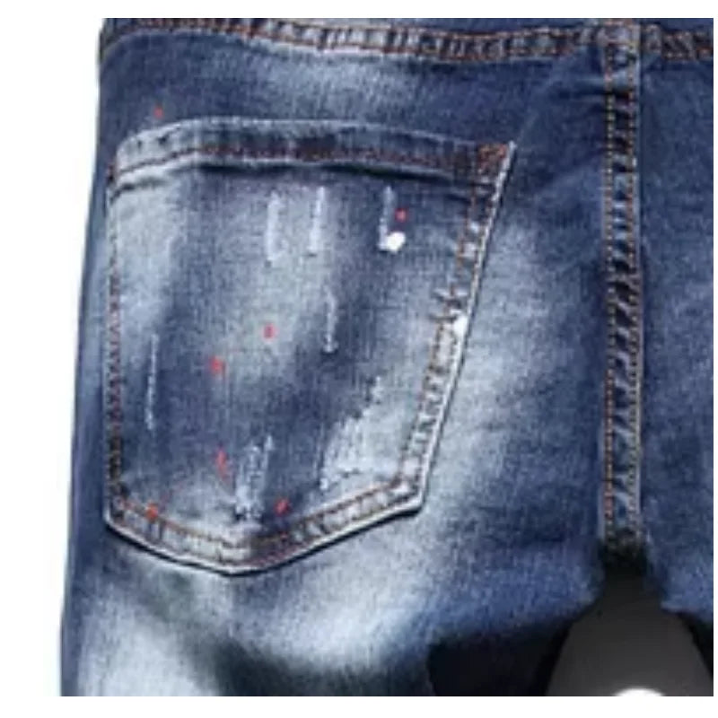 Indigo Blue Multi-Hole Denim, Hand-Painted, Worn-Out, Brushed Details