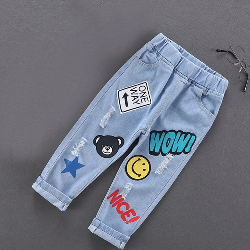 Spring Autumn Kids Boys Stretch Denim Jeans, Cotton Splice Ripped Pants