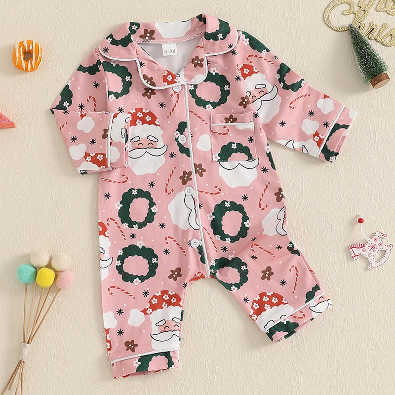 Kids Christmas Jumpsuit, Santa Print Long Sleeve Pajamas
