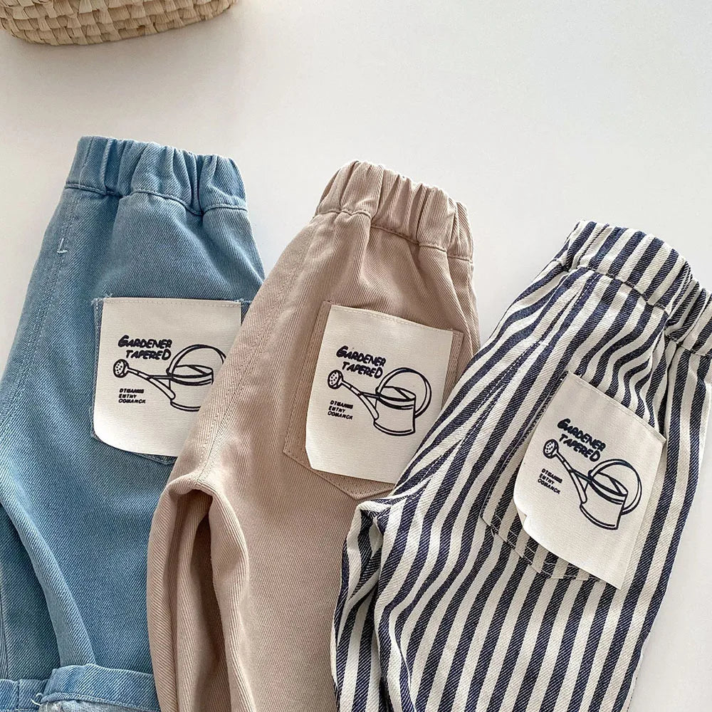 Kids Stripe Denim Jeans, Loose Straight Patchwork Pants (1-5Y)