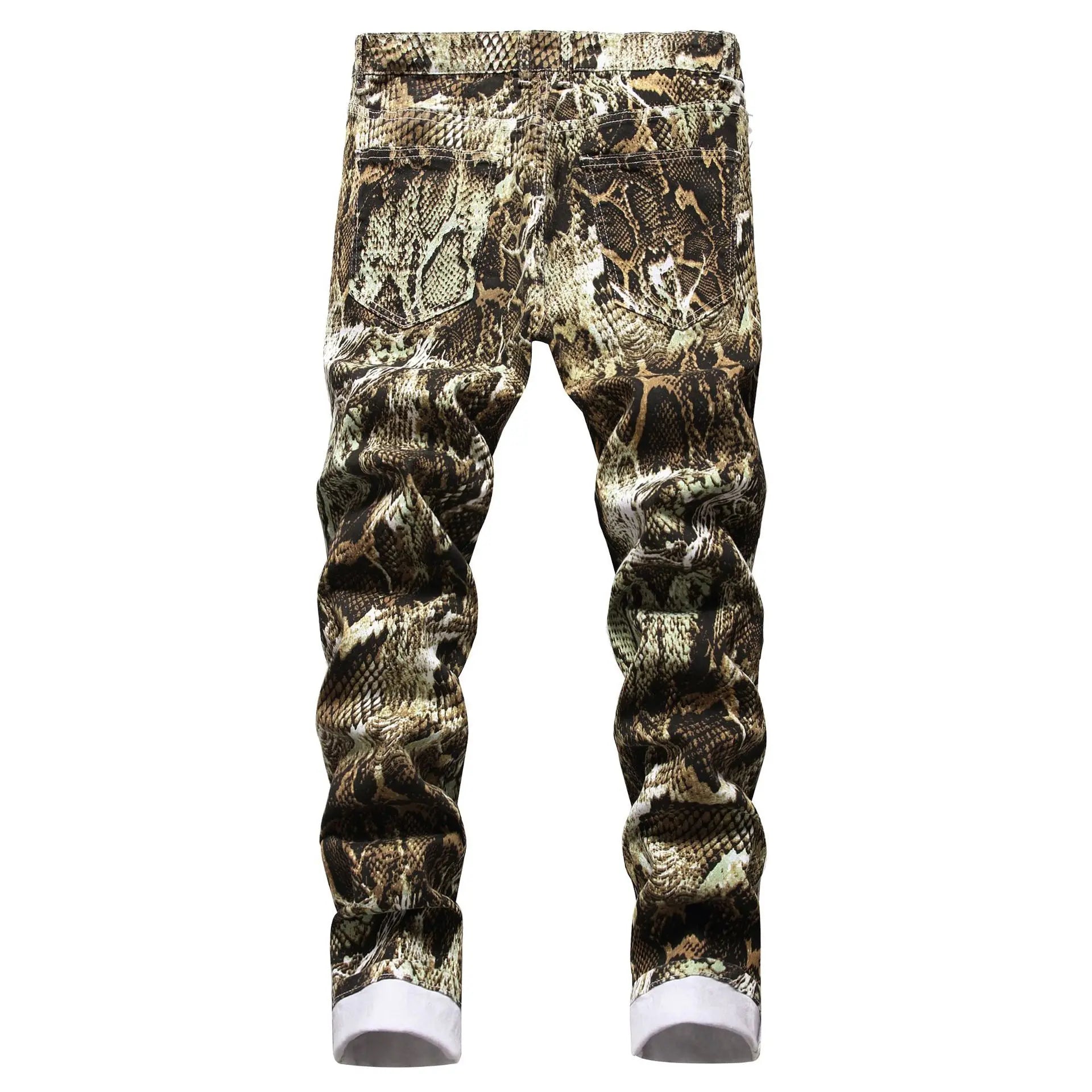 Snakeskin Print Hip Hop Jeans Slim Fit Stretch Denim Ankle-Length Trousers