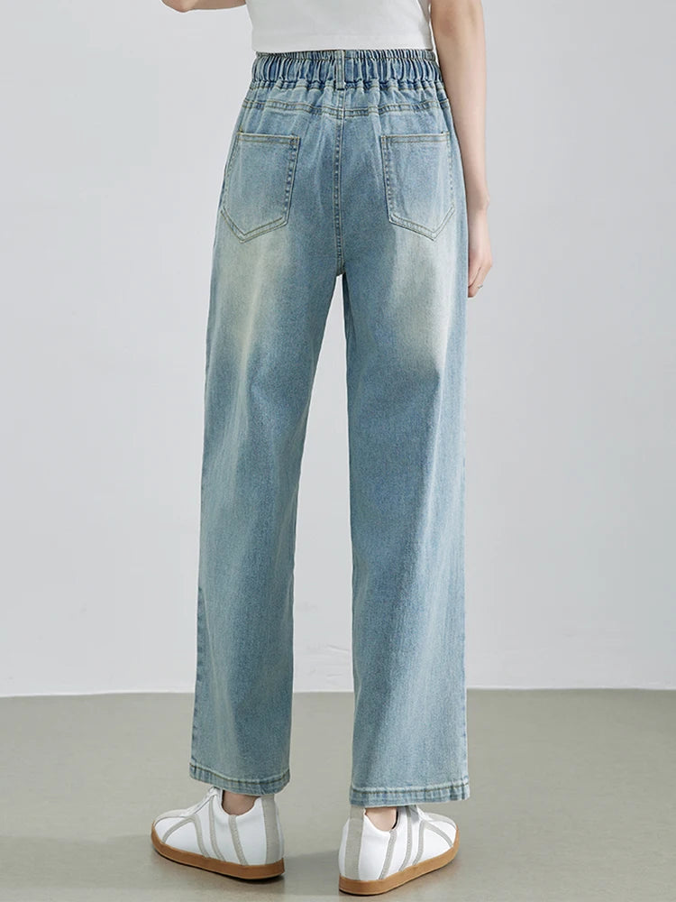 Summer Women’s High Elastic Waist Denim Jeans, Bleached Wide Leg, Streetwear Trousers