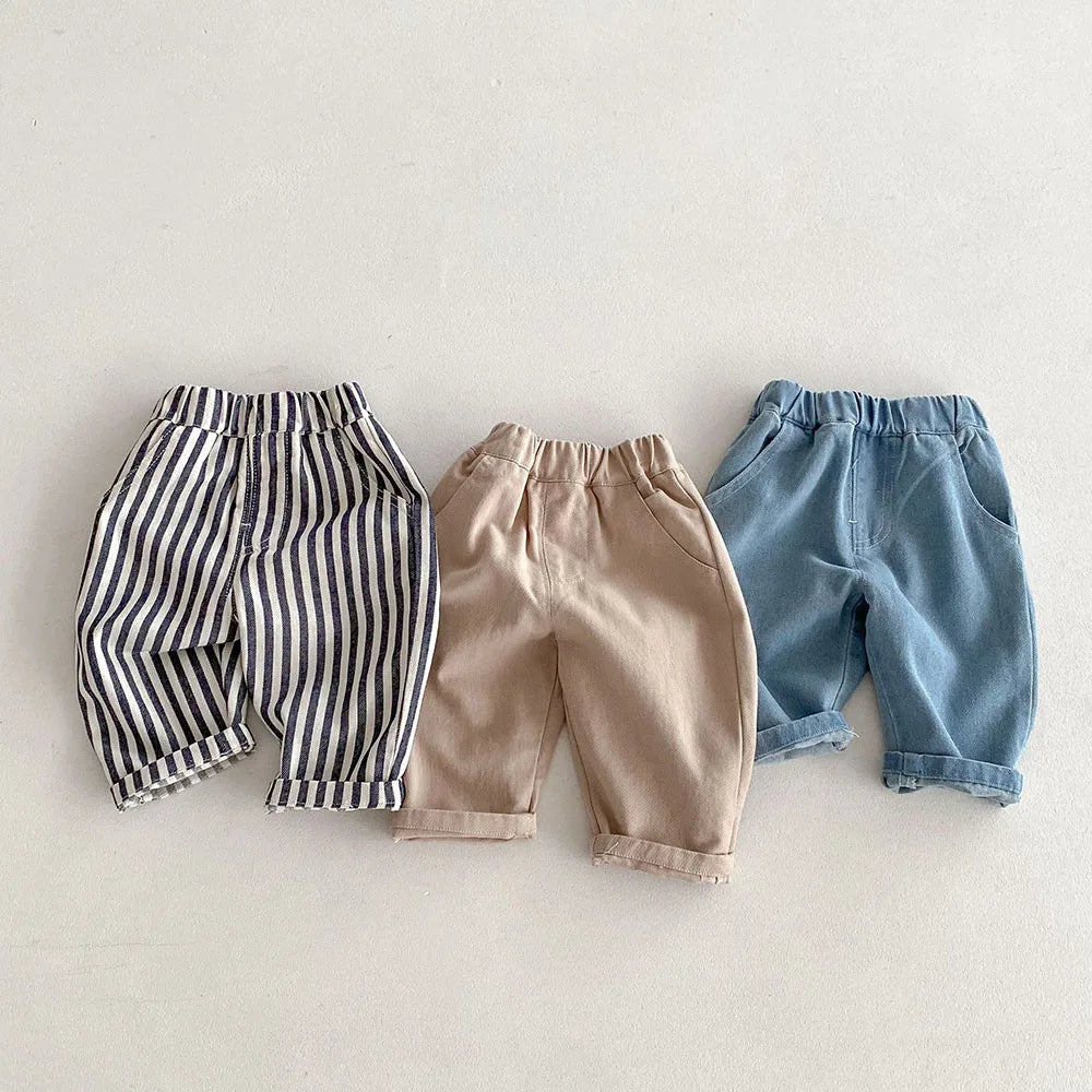 Kids Stripe Denim Jeans, Loose Straight Patchwork Pants (1-5Y)