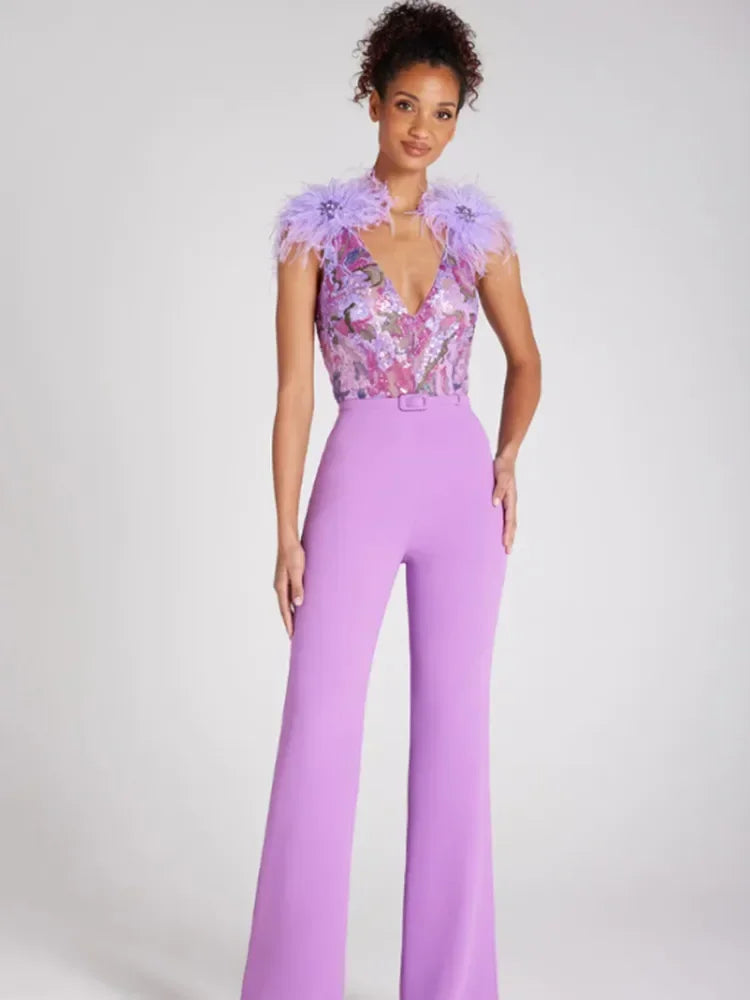 Women’s Sleeveless Sequins & Feathers Bodycon Bandage Jumpsuit, Elegant Evening Party Wear