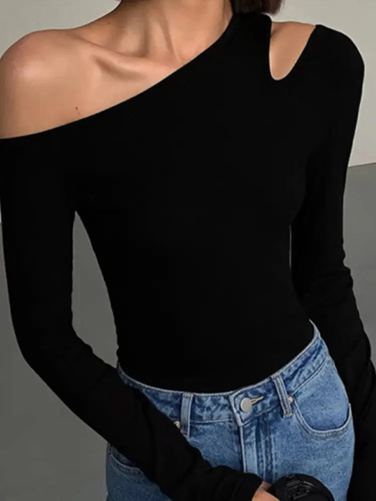 Skew Collar Off-Shoulder T-shirt, Slim Fit Crop Top, Sexy Hollow Out Tee