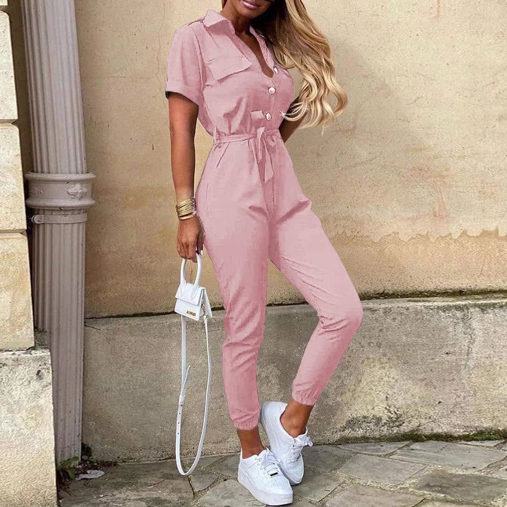 Women’s Monochromatic Belt Jumpsuit, Casual Pants, Flip Collar, Buckle, Summer