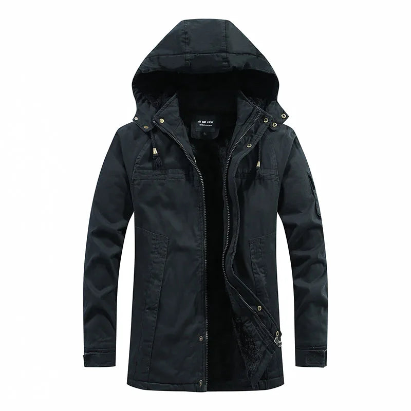 Men’s Winter Hooded Parka, Waterproof, Fleece Cotton Jacket, Casual Fashion Outwear