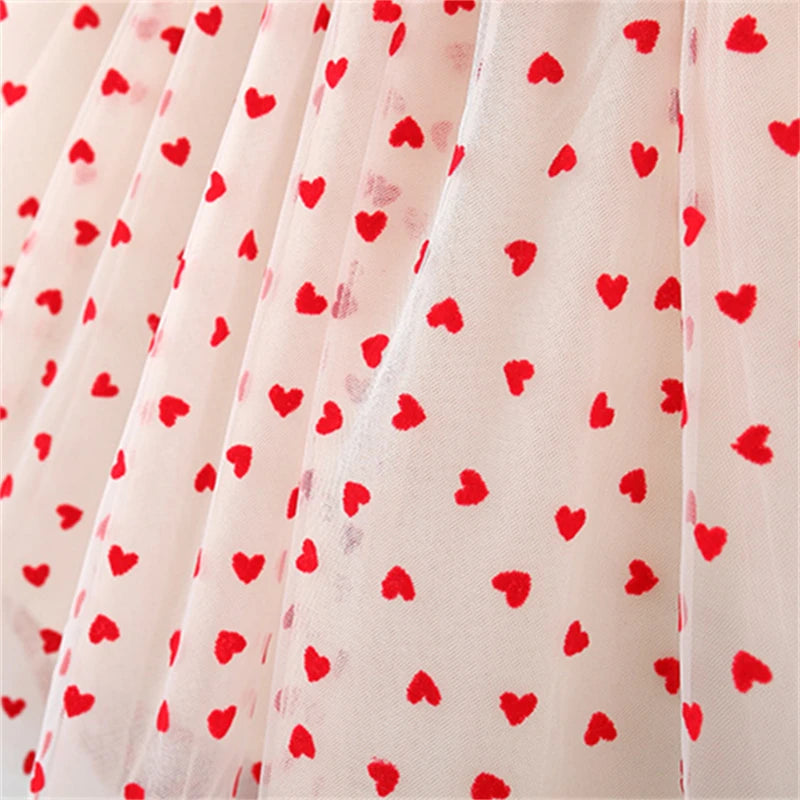 Baby Girl Red Heart Embroidered Mesh Bow Tutu Dress, Birthday Party Clothes