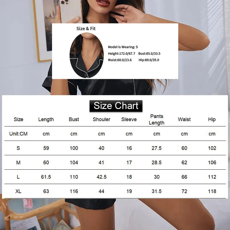Women’s Silk Satin Pajama Set – Button-Down Top & Shorts Sleepwear