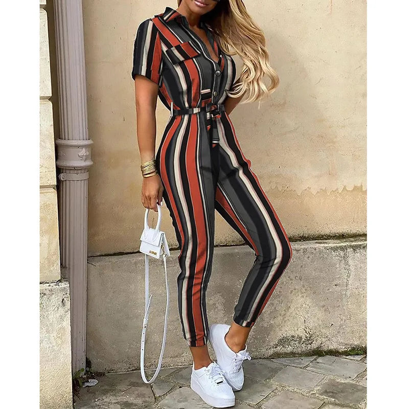 Women’s Monochromatic Belt Jumpsuit, Casual Pants, Flip Collar, Buckle, Summer