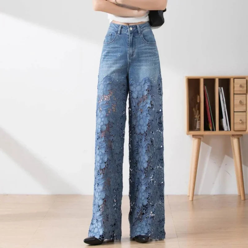 High Waist Lace Patchwork Jeans, Oversized Loose Casual Pants for Women