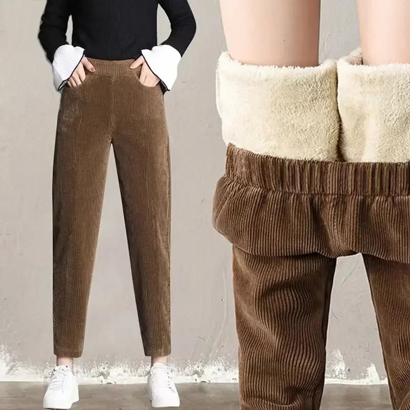 Women’s Corduroy Warm Pants, High Waist Plush Harem Trousers
