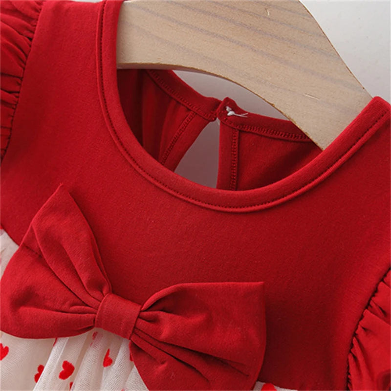 Baby Girl Red Heart Embroidered Mesh Bow Tutu Dress, Birthday Party Clothes