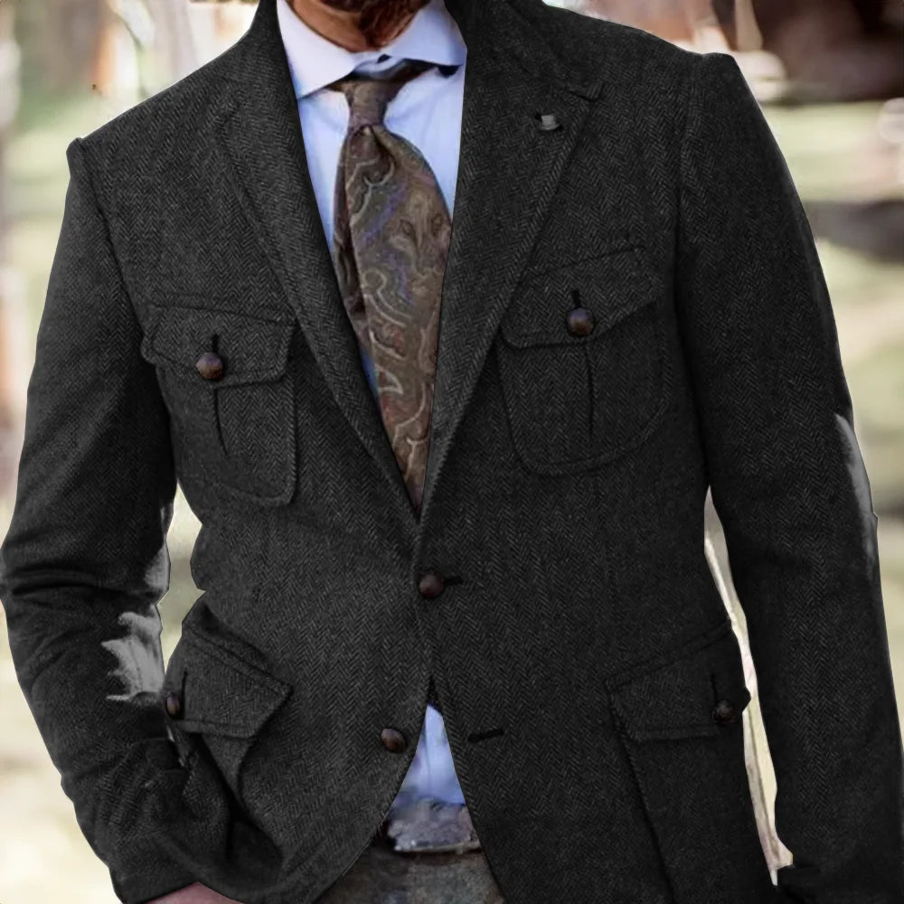 Men's Retro Herringbone Blazer Formal Wool Steampunk Jacket for Office Wear