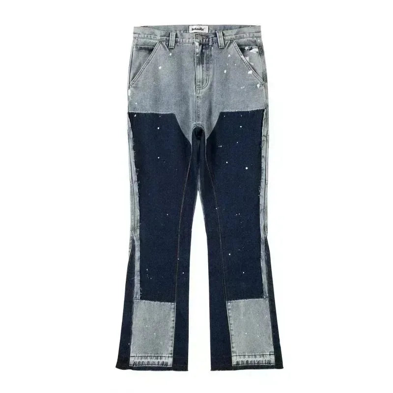 Retro Washed Spliced Denim Loose Straight Micro-Flared Jeans