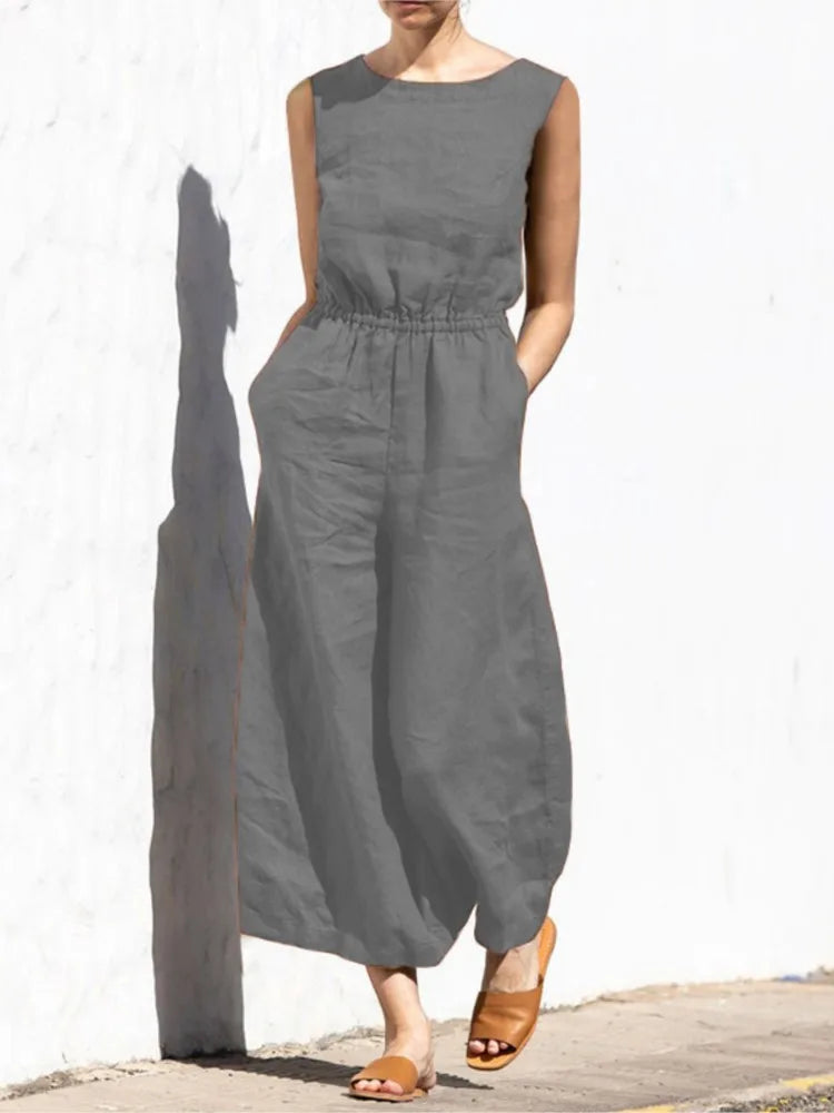 Summer Solid Color High Waist Women’s Casual Jumpsuit, O-Neck, Elegant Holiday Romper