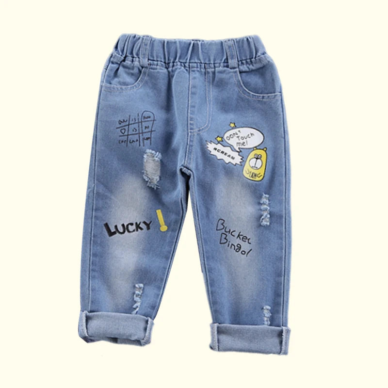 Spring Autumn Kids Boys Stretch Denim Jeans, Cotton Splice Ripped Pants