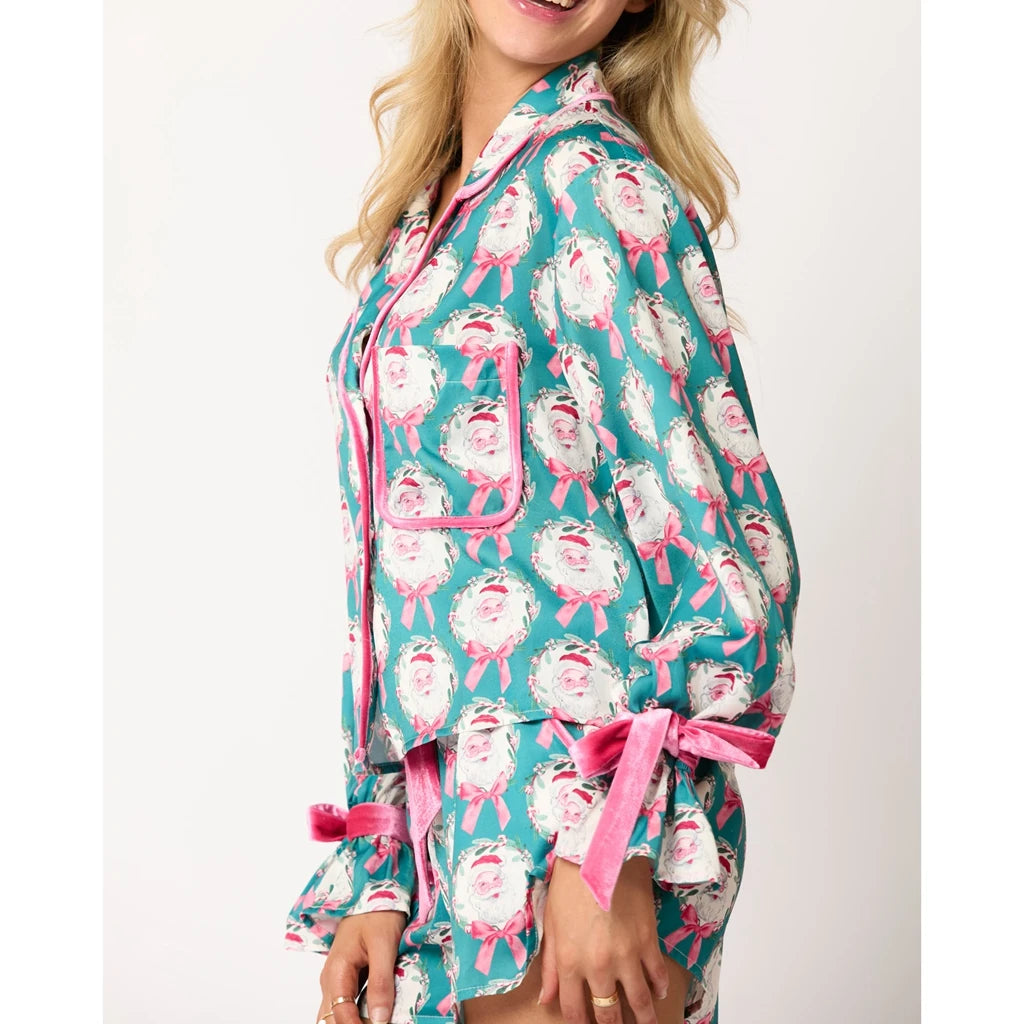 Women’s Christmas Pajama Set, Santa/Tree Print Button-Up Top & Shorts